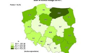 Stopa bezrobocia według województw, źródło: GUS