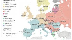 Podziały kulturowe i geograficzne w Europie. Europa była przez dwa tysiąclecia polem bitwy różnych narodów i plemion, ale bariery geograficzne w istotny sposób ukształtowały podziały kulturowe. Jest to widoczne w rozkładzie różnych języków na Starym Kontynencie. MAPA: Różnymi kolorami oznaczono poszczególne grupy językowe w Europie. Czarne kropki na mapie oznaczają geograficznie trudy do przebycia teren. Źródło: Stratfor
