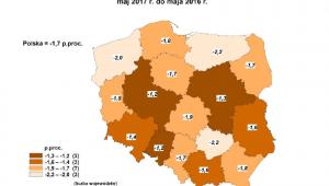 Zmiany stopy bezrobocia - maj 2017 - mapa, źródło: GUS